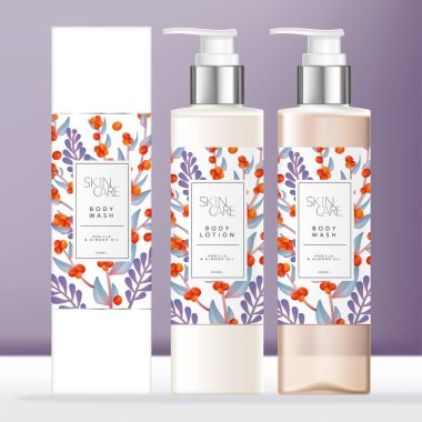 Vector Body Wash veya Pump Bottle, Chrome & Şeffaf Plastik Şişe Paketleme ve Zarif çiçek desenli basım etiketi. Karton Kutu Dış Paketleme.