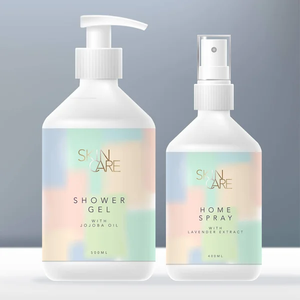 Vektör Güzellik veya Cilt Bakımı El Yıkama Sabunu Temizleyicisi veya Pompa Şişe & Evi veya Aroma Sprey Şişe Paketi, Pastel Soyut Boyama Tasarımı.