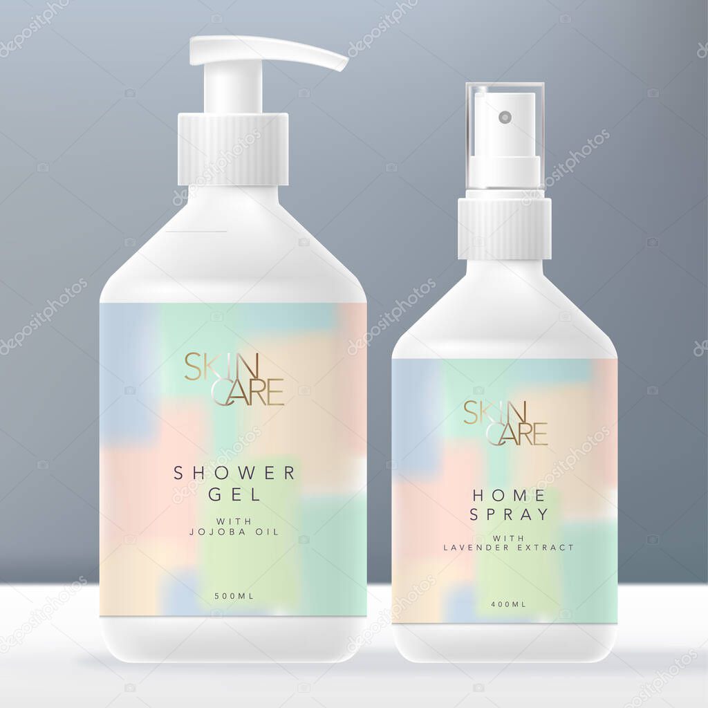 Vector Beauty or Skin Care Hand Wash Soap Dispenser or Pump Bottle & Home or Aroma Spray Bottle Packaging, Pastel Abstract Painting Design.