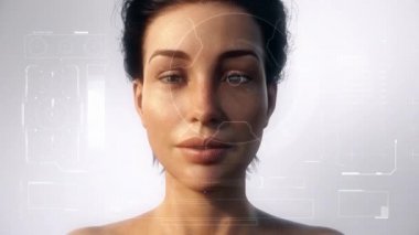 Fütüristik ve teknolojik yüz ve retina güzel kadın avatar yüz tanıma için tarama. Kişisel güvenlik. Kavramı: gelecek, güvenlik, yapay zeka, sanal gerçeklik