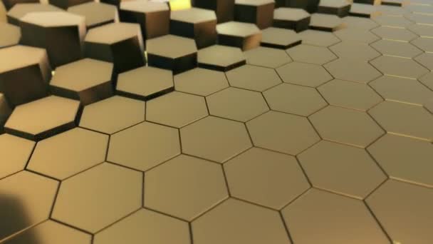 Animación Hexágonos Flotantes Abstractos Color Dorado Con Luces Brillantes Debajo — Vídeos de Stock