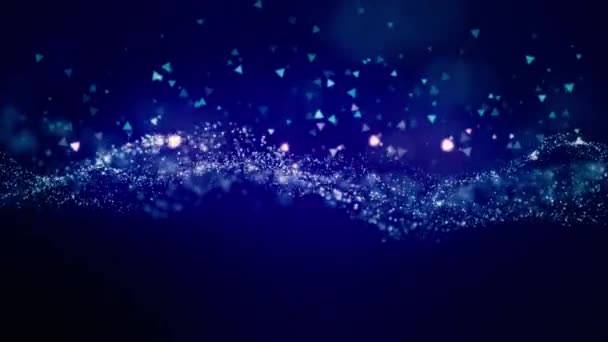Filmisch Bewegte Blaue Teilchen Mit Schwebenden Dreiecksformen Universumsstaub Mit Sternen — Stockvideo