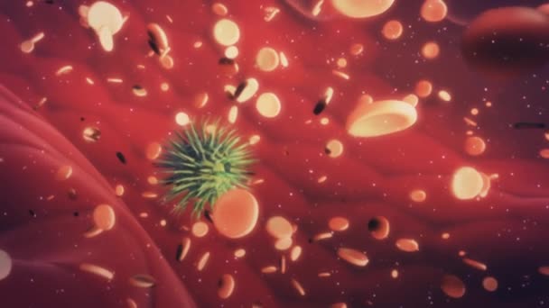 グリーン致死ウイルスは人体中に健康な細胞の間で住んでいます 細胞の近くに浮遊ウイルスのアニメーション — ストック動画