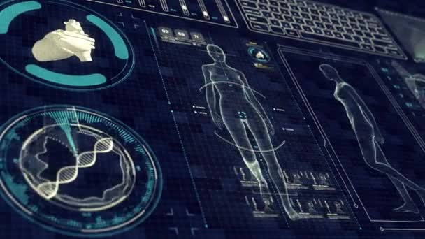 Anatomie féminine humaine MARCHE avec interface futuriste à écran tactile. Radiographie montrant les organes et le squelette. Boucle 