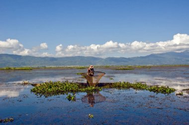 Loktak Gölü imphal Manipur Hindistan 1 Kasım 2018: Loktak Gölü, Manipur 'da yaşlı bir balıkçı balık tutuyor. Loktak Gölü' nde su yatakları büyük miktarlarda yüzüyor.. 