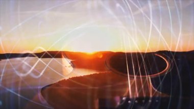 Gitar peyzajı ve titreşim müziği ışık saçan parçacıklardan oluşan bir akım, parlak parçacıklardan oluşan bir akım. ışık efektleri soyut biçimde hareket eder ve esnek çizgiler.