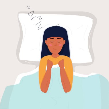 Sarı pijamalı, koyu renk saçlı güzel, genç bir kadın yatağında uyuyor. Düz vektör stok çizimi koyu mavi arkaplan üzerine.
