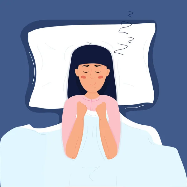 漂亮可爱的年轻女子 深色头发 浅粉色睡衣 睡在床上 深蓝色背景的平面矢量鱼群卡通画 — 图库矢量图片