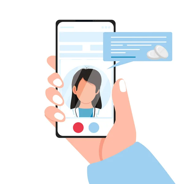 Sanal doktor uygulaması. Vektör düz çizim. Kuryeyle kadın terapistle haberleşirken akıllı telefon ekranı. Gezici danışmanlık, akıllı tıbbi yardım. Çevrimiçi modern teletıp, sağlık konsepti