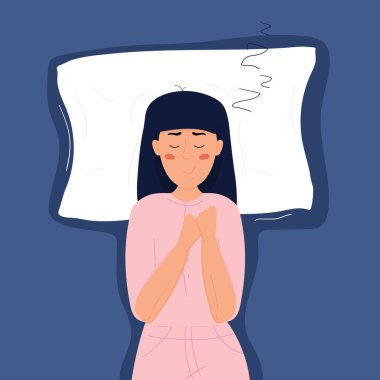 Koyu saçlı, açık pembe pijamalı güzel bir genç bayan yatağında uyuyor. Düz vektör stok çizimi koyu mavi arkaplan üzerine.