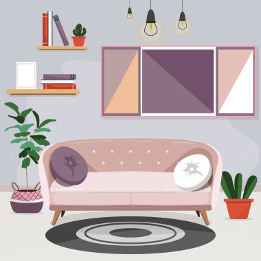 Konforlu oturma odasının içi: yastıklı açık pembe kanepe, raflar, saksı, halı, resimler. Web sitesi, baskı, poster, sunum ve bilgi için tasarım. Düz çizgi film vektör çizimi.