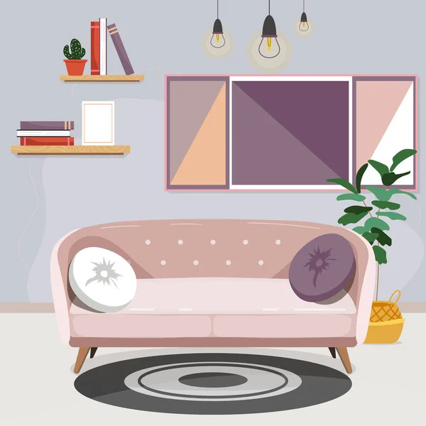 居心地の良いリビングルームの家のインテリア フラワーポット 写真付きの薄いピンクのソファ ウェブサイト ポスター プレゼンテーション インフォグラフィックのためのデザイン フラット漫画ベクトルイラスト — ストックベクタ
