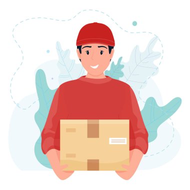 Coronavirus 'un önlenmesi sırasında kutulu teslimatçı. Kurye. Eve güvenli teslimat. Kendini soyutlama. Hızlı teslimat. Düz çizgi film tarzında vektör stok illüstrasyonu.