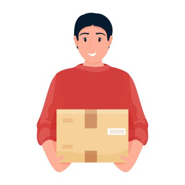 Coronavirus 'un önlenmesi sırasında kutulu teslimatçı. Kurye. Eve güvenli teslimat. Kendini soyutlama. Hızlı teslimat. Düz çizgi film tarzında vektör stok illüstrasyonu.