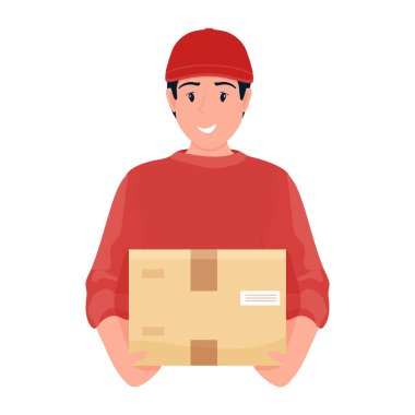 Coronavirus 'un önlenmesi sırasında kutulu teslimatçı. Kurye. Eve güvenli teslimat. Kendini soyutlama. Hızlı teslimat. Düz çizgi film tarzında vektör stok illüstrasyonu.