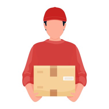 Coronavirus 'un önlenmesi sırasında kutulu teslimatçı. Kurye. Eve güvenli teslimat. Kendini soyutlama. Hızlı teslimat. Düz çizgi film tarzında vektör stok illüstrasyonu.