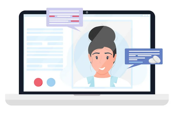 Virtuális Orvos Alkalmazás Vektor Lapos Illusztráció Laptop Képernyő Női Terapeuta — Stock Vector