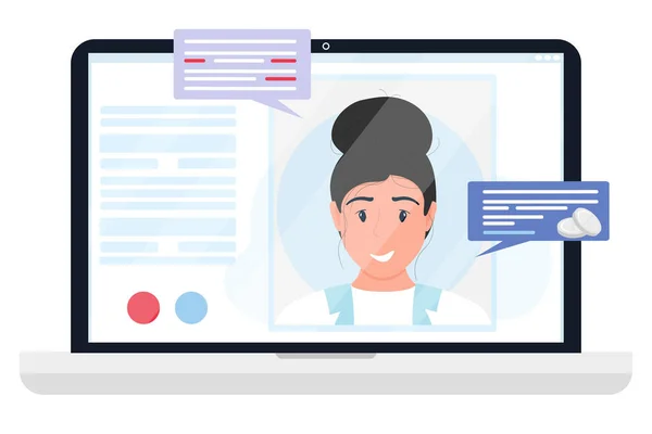 Virtuele Dokter App Vector Platte Illustratie Laptopscherm Met Vrouwelijke Therapeut — Stockvector