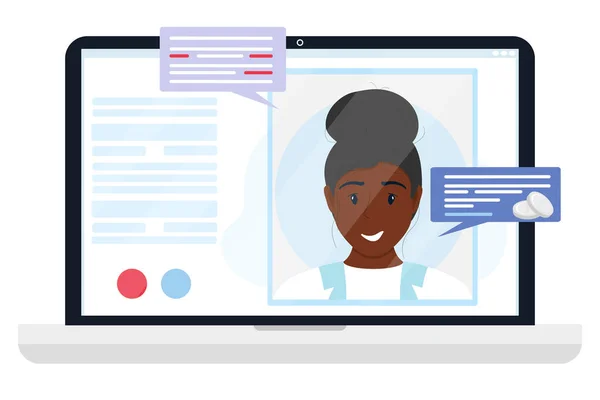 Virtuele Dokter App Vector Platte Illustratie Laptopscherm Met Vrouwelijke Therapeut — Stockvector