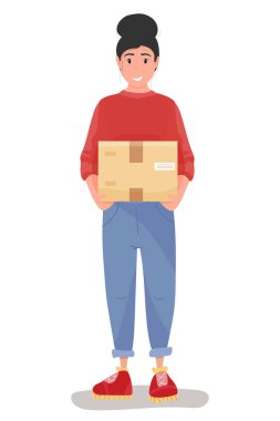 Coronavirus 'un önlenmesi sırasında kutulu teslimatçı kadın. Kurye. Eve güvenli teslimat. Kendini soyutlama. Hızlı teslimat. Düz çizgi film tarzında vektör stok illüstrasyonu