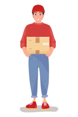 Coronavirus 'un önlenmesi sırasında kutulu teslimatçı. Kurye. Eve güvenli teslimat. Kendini soyutlama. Hızlı teslimat. Düz çizgi film tarzında vektör stok illüstrasyonu.