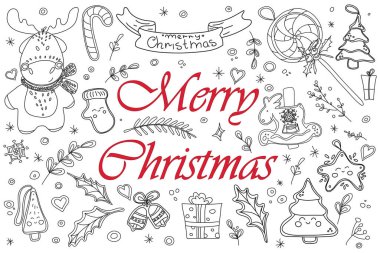 Mutlu noeller ve mutlu yeni yıl vekil geçmişi. Beyaz üzerine izole edilmiş kırmızı ve siyah semboller. Doodle Noel tebrik kartı tasarımı elementleri. Tasarımınız için çizim.