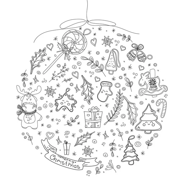 Mutlu noeller ve mutlu yeni yıl vekil geçmişi. Beyaz üzerinde siyah semboller var. Doodle Noel tebrik kartı tasarımı elementleri. Tasarımınız için çizim.