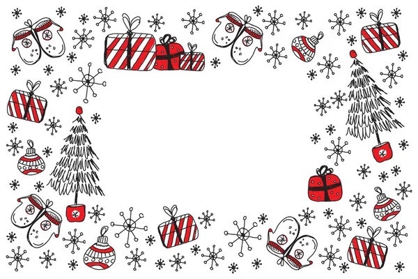 Mutlu noeller ve mutlu yeni yıl karalama vektör tebrik kartı. Beyaz arka planda kırmızı ve siyah noel sembolleri var. Noel öğesi, tasarımınız için çizim.
