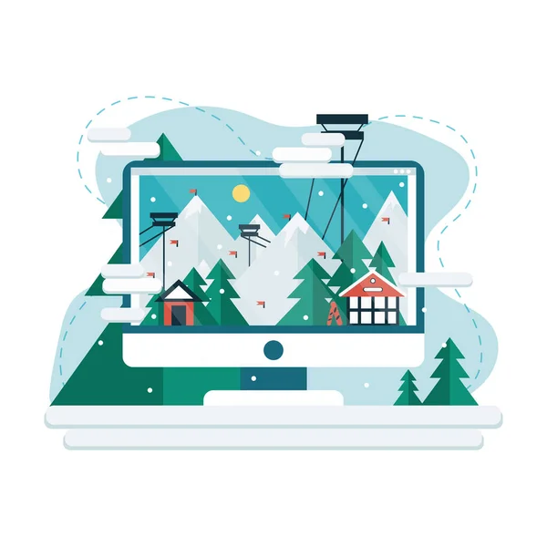 Winterurlaub Computerbildschirm Mit Landschaft Skiberggebiet Flachen Cartoon Design Mit Seilbahnen — Stockvektor