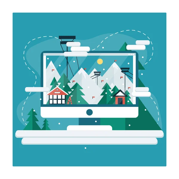 Winterurlaub Computerbildschirm Mit Landschaft Skiberggebiet Flachen Cartoon Design Mit Seilbahnen — Stockvektor