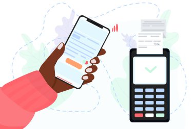 Akıllı telefon aracılığıyla cep telefonu ödemelerinin vektör hisse senedi çizimi. Temassız ödeme ve POS terminali için cep telefonu tutuyor. Akıllı cüzdan için düz biçimli resimleme kavramı.