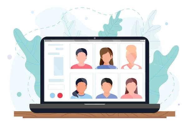 Groupe Personnes Communiquant Par Vidéoconférence Ligne Sur Écran Ordinateur Dialogues — Image vectorielle