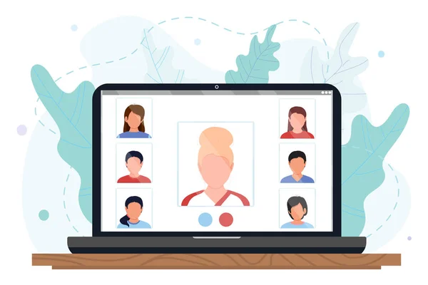 Gruppen Folk Kommunikerer Online Videokonference Computerskærmen Dialoger Eller Samtaler Mellem – Stock-vektor