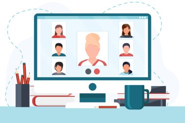 Bilgisayar ekranında video konferansı yapan bir grup insan. Grup aracılığıyla online görüşme. Meslektaşlar ya da memurlar arasındaki diyalog ya da sohbet. Düz çizgi film renkli vektör stok çizimi.