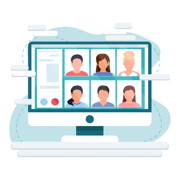 Bilgisayar ekranında video konferansı yapan bir grup insan. Grup aracılığıyla online görüşme. Meslektaşlar ya da memurlar arasındaki diyalog ya da sohbet. Düz çizgi film renkli vektör stok çizimi.