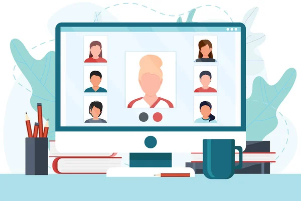 Bilgisayar ekranında video konferansı yapan bir grup insan. Grup aracılığıyla online görüşme. Meslektaşlar ya da memurlar arasındaki diyalog ya da sohbet. Düz çizgi film renkli vektör stok çizimi.