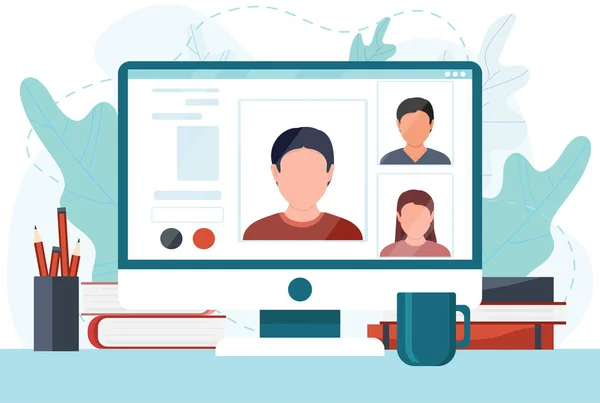 Bilgisayar ekranında video konferansı yapan bir grup insan. Grup aracılığıyla online görüşme. Meslektaşlar ya da memurlar arasındaki diyalog ya da sohbet. Düz çizgi film renkli vektör stok çizimi.
