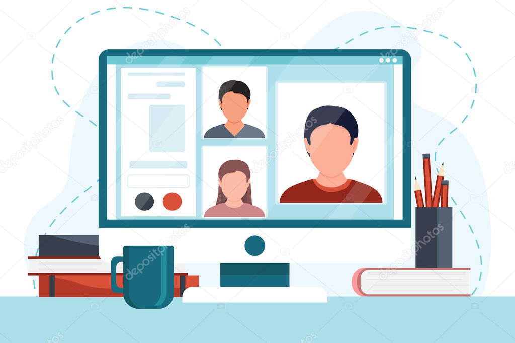 Group of people doing video conference on the computer screen. Online meeting via group call. Dialogue or conversation between colleagues or clerks. Flat cartoon colorful vector stock illustration.