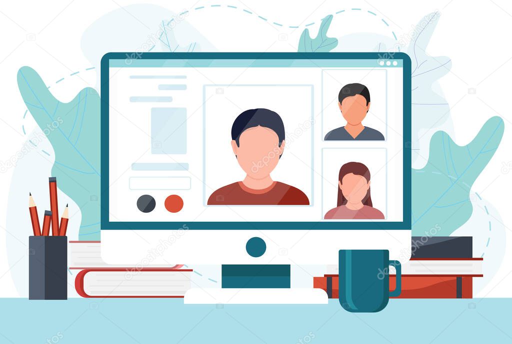 Group of people doing video conference on the computer screen. Online meeting via group call. Dialogue or conversation between colleagues or clerks. Flat cartoon colorful vector stock illustration.