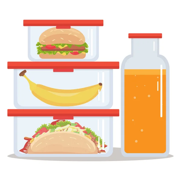 Lunch Box Meal Container Hamburger Tacos Yellow Banana Orange Juice — Stock Vector