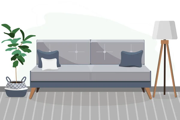 家具付きの居心地の良いリビングルームの家のインテリア 花の鍋 ランプ付きグレーのソファ ウェブサイト ポスター プレゼンテーション インフォグラフィックのためのデザイン フラット漫画ベクトルイラスト — ストックベクタ
