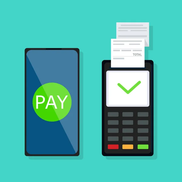 Pos terminalindeki cep telefonuyla ulaşılamaz ödeme yapmış. NFC bağlantısı, temassız ödeme yöntemi kavramı. Mavi arka planda düz dizayn edilmiş vektör hisse senedi illüstrasyonu. Faturaları uçbirim üzerinden öde.