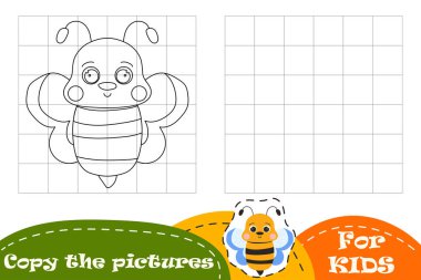 Bir arı resmini kopyala ve tamamla. Çocuklar için eğitim oyunu, anaokulu. Boyama kitabı. Çizgi film vektör stok illüstrasyonu beyaz arkaplanda izole