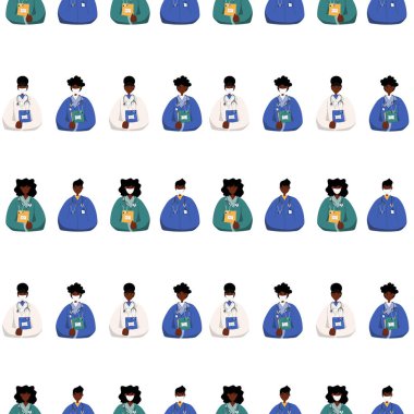 Çizgi filmlerdeki kusursuz Afro-Amerikan erkek ve kadın doktor koruyucu maske takıyor ve maskesiz, beyaz arka planda izole edilmiş klinik çalışanı. Tıbbi personel. Vektör çizimi. Düz biçim.