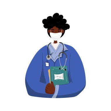 Tatlı çizgi film Afro-Amerikan erkek doktor koruyucu maske takıyor, hemşire kliniği çalışanı beyaz arka planda tek başına duruyor. Üniformalı tıbbi personel. Vektör hisse senedi çizimi. Düz biçim.