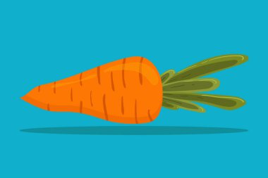 Mavi arka planda gölgeli, düz bir şekilde izole edilmiş havuç çizgi film ikonu. Bahçeden taze ürün, sebze, kahvaltı, öğle yemeği, akşam yemeği, salata, diyet ve diğer şeyler. Vektör stok illüstrasyonu