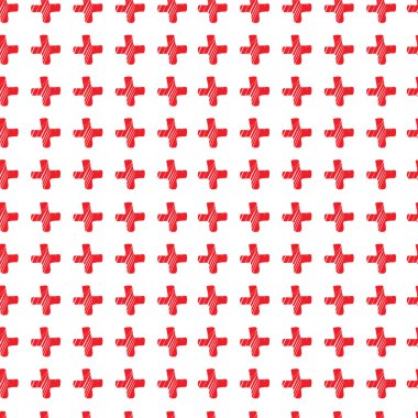 Beyaz arka planda izole edilmiş modern kırmızı haçları olan kusursuz desen. İsviçre tasarımı geometrik stil. Tekstil, duvar kağıdı, alışveriş posteri, ambalaj kağıdı tasarımları. Vektör illüstrasyonları