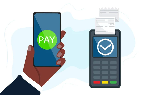 Akıllı telefon aracılığıyla cep telefonu ödemelerinin vektör hisse senedi çizimi. Temassız ödeme ve POS terminali için cep telefonu tutuyor. Akıllı cüzdan için düz biçimli resimleme kavramı.