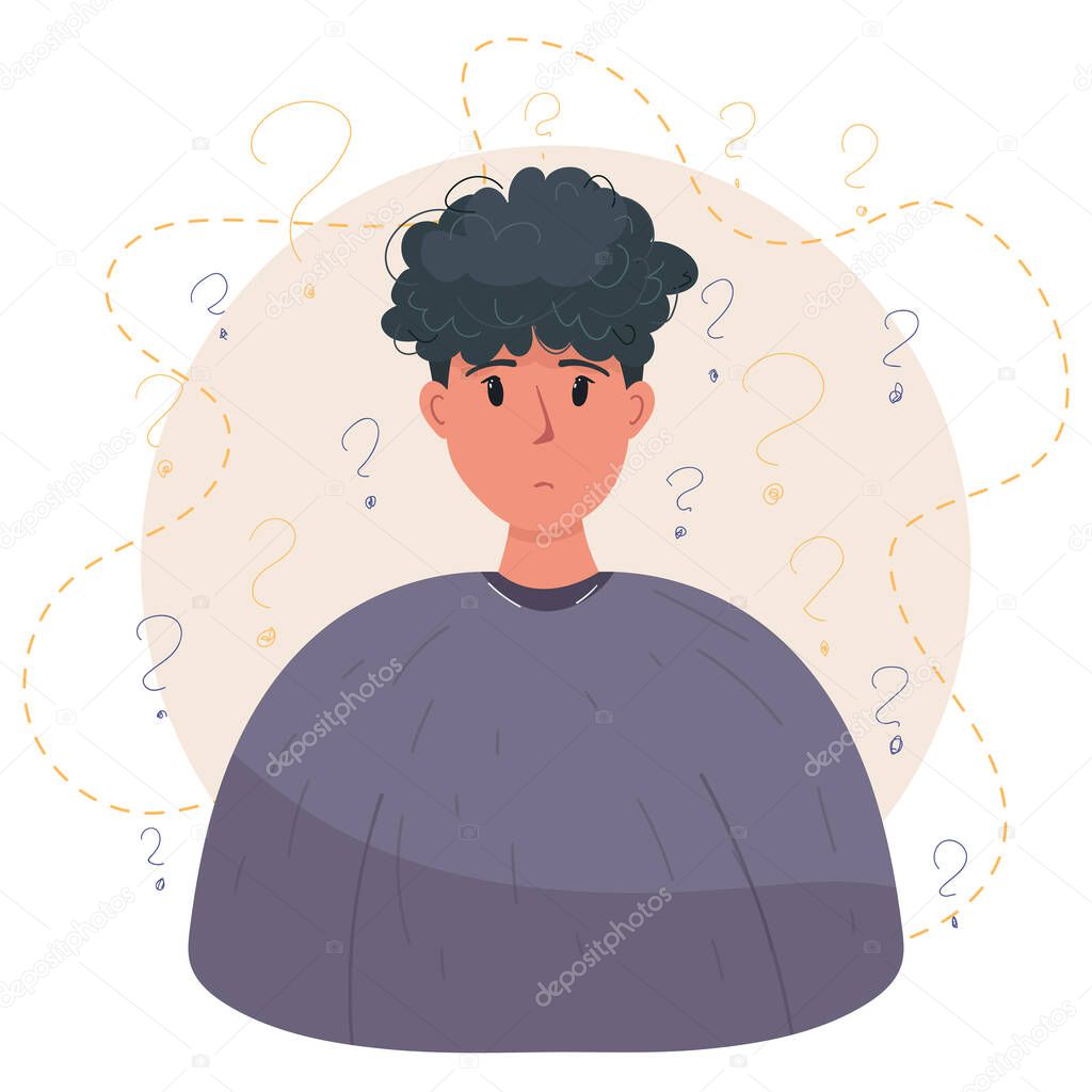Young man thinking or solving problem standing under question marks with circle background isolated on white. Man surrounded by thought. Flat cartoon vector illustration character icon. Men think