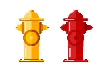 Beyaz arka planda izole edilmiş parlak yangın musluğu simgeleri. İtfaiyeciler tarafından alevleri söndürmek için kullanılır. Hortum için hortumları olan metal su borusu. Düz biçimli vektör stok illüstrasyonu.